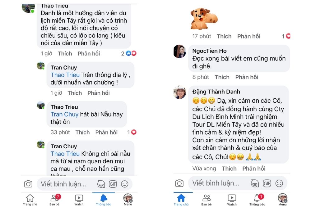 Ảnh chụp màn hình feedback khách sau tour miền Tây cùng Miệt Vườn Daily