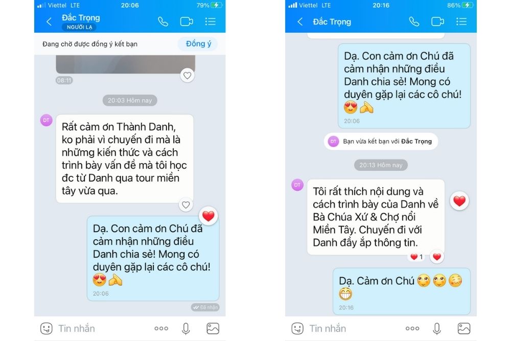 Ảnh chụp màn hình tin nhắn khách hàng hài lòng tour du lịch miền Tây