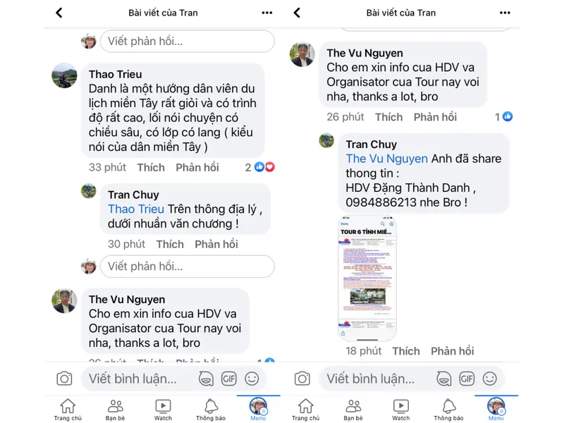 Tin nhắn cảm ơn từ khách hàng về tour miền Tây thú vị