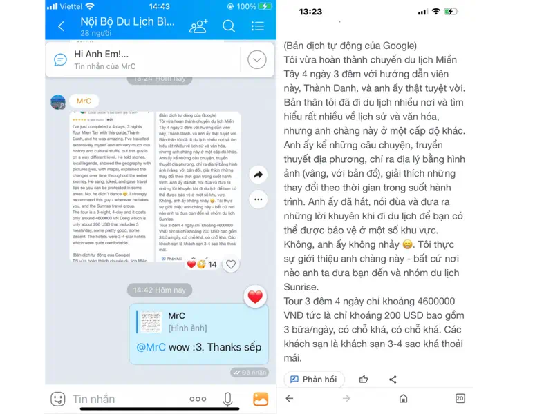Tin nhắn cảm ơn từ khách hàng về tour du lịch ý nghĩa