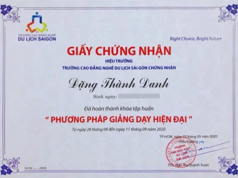 Giấy chứng nhận hoàn thành khóa phương pháp giảng dạy hiện đại